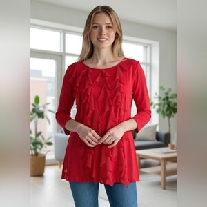 Seven7 Luxe Tunic Shirt Womens 14 16 Red‎ Ruffle Mesh Trim Long Sleeve Rayon